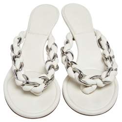 Bottega Veneta Off White Braided Leather & Chain Thong  Sandals Size 39