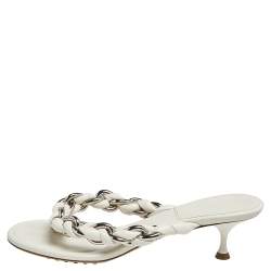 Bottega Veneta Off White Braided Leather & Chain Thong  Sandals Size 39