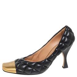 Bottega Veneta Quilted Black Leather Square Metal Cap Toe Pumps Size 39