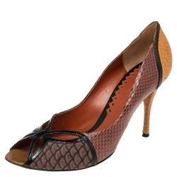 Bottega Veneta Multicolor Snakeskin Embossed Leather And Patent Leather  Peep Toe Pumps Size 41
