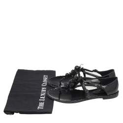 Pre Owned Bottega Veneta Black Patent Leather Flower Cutout Flat Sandals Size 38.5