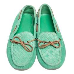 Pre Owned Bottega Veneta Green/Brown Intrecciato Suede Bow Slip-On Loafers Size 36