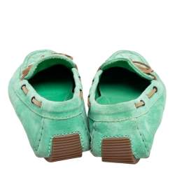 Pre Owned Bottega Veneta Green/Brown Intrecciato Suede Bow Slip-On Loafers Size 36