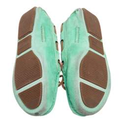 Pre Owned Bottega Veneta Green/Brown Intrecciato Suede Bow Slip-On Loafers Size 36