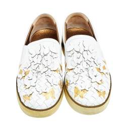 Pre Owned Bottega Veneta White Intrecciato Leather Butterfly Embellished Slip On Sneakers Size 37