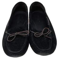 Bottega Veneta Black Intrecciato Suede Bow Slip On Loafers Size 38.5
