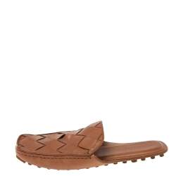 Pre Owned Bottega Veneta Brown Intrecciato Leather  Mules Size 39