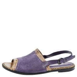 Bottega Veneta Purple/Beige Suede And Python Leather Slingback Flat Sandals Size 41