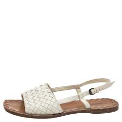 Pre Owned Bottega Veneta White Intrecciato Leather Calvados Slingback Flat Sandals Size 39