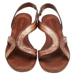 Pre Owned Bottega Veneta Metallic Brown Snakeskin Embossed Leather Flat Sandals Size 38.5