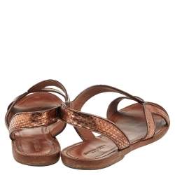 Pre Owned Bottega Veneta Metallic Brown Snakeskin Embossed Leather Flat Sandals Size 38.5