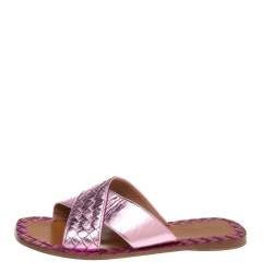 مملوكة مسبقًا Bottega Veneta Pink Intrecciato Leather Flat Sandals Size 39