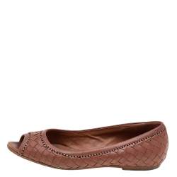 مملوكة مسبقًا Bottega Veneta Brown Intrecciato Leather Peep Toe Ballet Flats Size 36