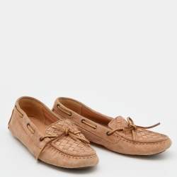 Bottega Veneta Beige Intrecciato Suede Bow Slip On Loafers Size 37