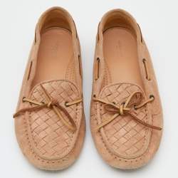 Bottega Veneta Beige Intrecciato Suede Bow Slip On Loafers Size 37