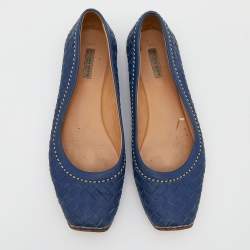 Pre Owned Bottega Veneta Blue Intrecciato Leather Ballet Flats Size 38.5