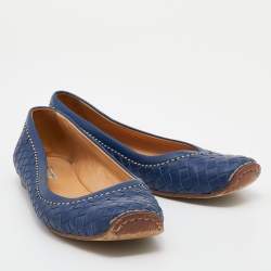 Pre Owned Bottega Veneta Blue Intrecciato Leather Ballet Flats Size 38.5