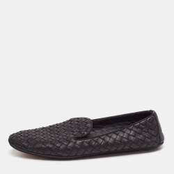 Pre Owned Bottega Veneta Black Intrecciato Leather Smoking Slippers  Size 37