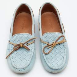 Pre Owned Bottega Veneta Blue Intrecciato Suede Bow Slip On Loafers Size 36