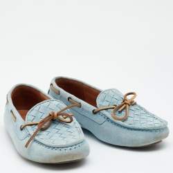 Pre Owned Bottega Veneta Blue Intrecciato Suede Bow Slip On Loafers Size 36