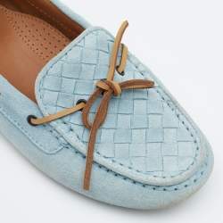Pre Owned Bottega Veneta Blue Intrecciato Suede Bow Slip On Loafers Size 36