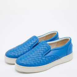 Bottega Veneta Blue Intrecciato Leather Slip On Sneakers Size 38.5