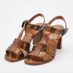 Pre Owned Bottega Veneta Metallic Bronze Intrecciato Leather Block Heel Sandals Size 38.5