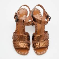 Pre Owned Bottega Veneta Metallic Bronze Intrecciato Leather Block Heel Sandals Size 38.5