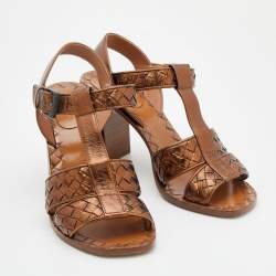 Pre Owned Bottega Veneta Metallic Bronze Intrecciato Leather Block Heel Sandals Size 38.5