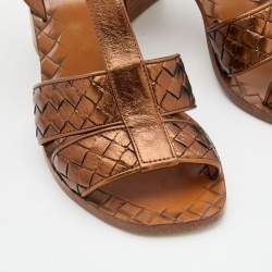 Pre Owned Bottega Veneta Metallic Bronze Intrecciato Leather Block Heel Sandals Size 38.5