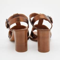 Pre Owned Bottega Veneta Metallic Bronze Intrecciato Leather Block Heel Sandals Size 38.5