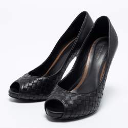 Pre Owned Bottega Veneta Black Intrecciato Peep Toe Pumps Size 40