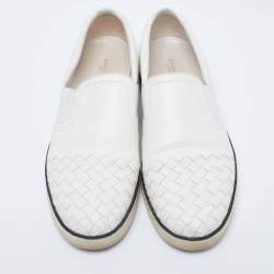 Pre Owned Bottega Veneta White Intrecciato Leather Slip-On Sneakers Size 38