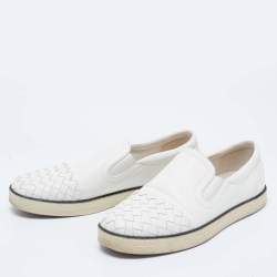 Pre Owned Bottega Veneta White Intrecciato Leather Slip-On Sneakers Size 38