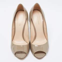 Pre Owned حذاء كعب عالي بوتيغا فينيتا جلد لامع رصاصي كعب إنترشياتو مقدمة مفتوحة مقاس 36.5