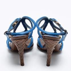 Pre Owned Bottega Veneta Blue Satin Cut-Out Ankle-Strap Sandals Size 38