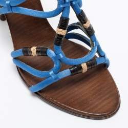 Pre Owned Bottega Veneta Blue Satin Cut-Out Ankle-Strap Sandals Size 38