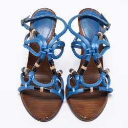 Pre Owned Bottega Veneta Blue Satin Cut-Out Ankle-Strap Sandals Size 38
