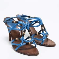 Pre Owned Bottega Veneta Blue Satin Cut-Out Ankle-Strap Sandals Size 38