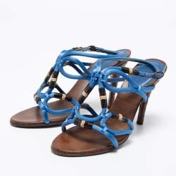 Pre Owned Bottega Veneta Blue Satin Cut-Out Ankle-Strap Sandals Size 38