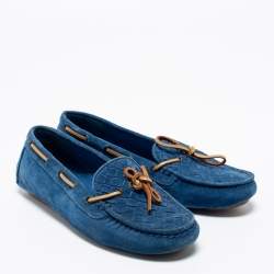 مملوكة مسبقًا Bottega Veneta Blue Intrecciato Suede Bow Slip On Loafers Size 36