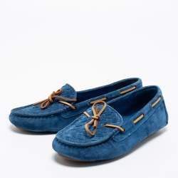 مملوكة مسبقًا Bottega Veneta Blue Intrecciato Suede Bow Slip On Loafers Size 36