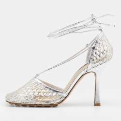 Pre Owned صندل بوتيغا فينيتا جلد وشبك مرن فضي بحزام للكاحل مقاس 37