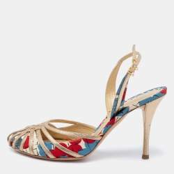 مملوكة مسبقًا Bottega Veneta Tri-Color Printed Fabric and Leather Slingback Sandals Size 38