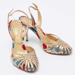 مملوكة مسبقًا Bottega Veneta Tri-Color Printed Fabric and Leather Slingback Sandals Size 38