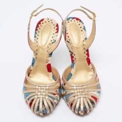 مملوكة مسبقًا Bottega Veneta Tri-Color Printed Fabric and Leather Slingback Sandals Size 38