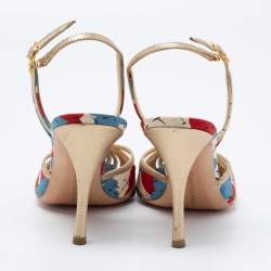 مملوكة مسبقًا Bottega Veneta Tri-Color Printed Fabric and Leather Slingback Sandals Size 38