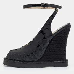 Bottega Veneta Black Intrecciato Patent Leather Wedge Sandals Size 38