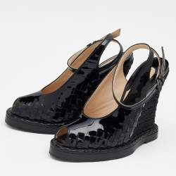 Bottega Veneta Black Intrecciato Patent Leather Wedge Sandals Size 38