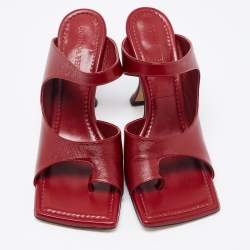 Pre Owned Bottega Veneta Red Leather Square Toe Slide Sandals Size 37